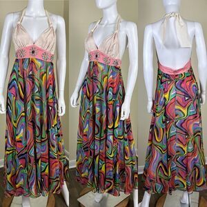 Meghan Los Angeles Womens Size 4 Silk Retro Swirl Jeweled Halter Maxi Dress Boho